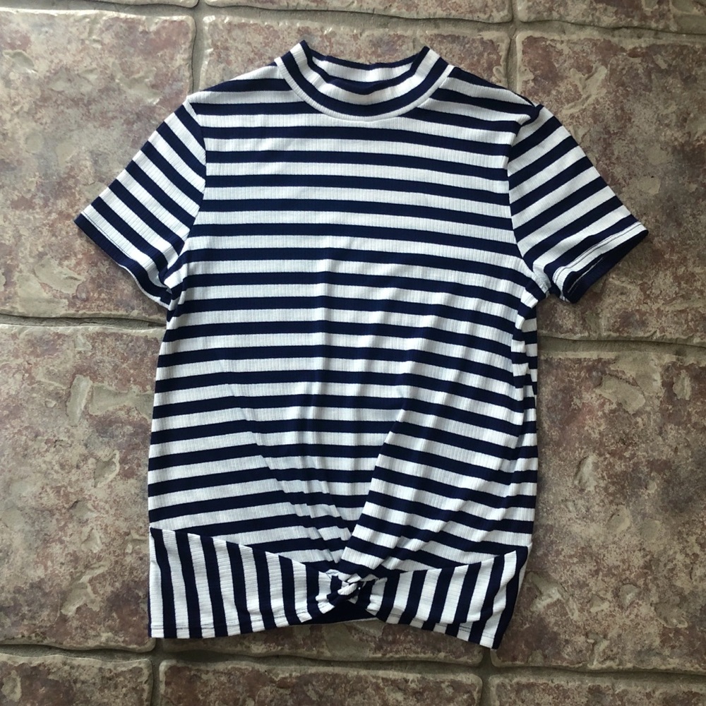 Blue and White Striped Turtle Neck Tee